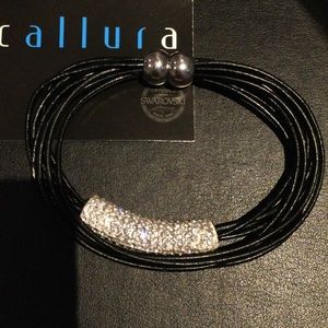 Black Leather Bracelet with Swarovski Crystals
